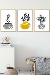 ARTZE Scandi Yellow Grey Cactus Pots Framed Wall Art - Medium in Light Oak - Size: W45 cm x H62 cm x D20mm - thumbnail 1