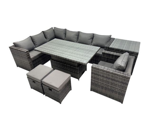 Fimous 9-seater Rattan Garden Furniture Dining Set & 2 Small Stool Side Table in Dark Grey