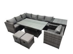 Fimous 9-seater Rattan Garden Furniture Dining Set & 2 Small Stool Side Table in Dark Grey - thumbnail 1