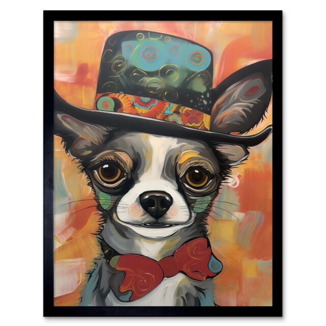 "Artery8 Wall Art Print Chihuahua Dog Top Hat & Bowtie Modern Folk Art Framed in Orange - Size: W12"" x H16""" - image 1