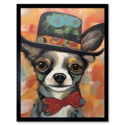 "Artery8 Wall Art Print Chihuahua Dog Top Hat & Bowtie Modern Folk Art Framed in Orange - Size: W12"" x H16""" - thumbnail 1