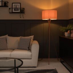 ValueLights Camden Copper Metal Tripod Floor Lamp with Drum Lamp Shade & Bulb in Dusty Pink - thumbnail 2