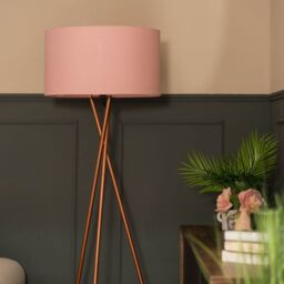 ValueLights Camden Copper Metal Tripod Floor Lamp with Drum Lamp Shade & Bulb in Dusty Pink - thumbnail 1