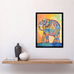 "Artery8 Wall Art Print Elephant With Geometric Patterns Folk Art Watercolour Painting Art Framed in Black - Size: W12"" x H16""" - thumbnail 2