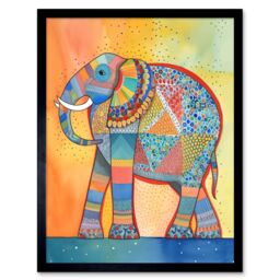 "Artery8 Wall Art Print Elephant With Geometric Patterns Folk Art Watercolour Painting Art Framed in Black - Size: W12"" x H16""" - thumbnail 1