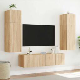 Berkfield Home TV Wall Cabinet with LED Lights Sonoma Oak 80x35x31 cm in Light Oak - Size: 80 x 35 x 31 cm - thumbnail 4