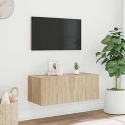 Berkfield Home TV Wall Cabinet with LED Lights Sonoma Oak 80x35x31 cm in Light Oak - Size: 80 x 35 x 31 cm - thumbnail 2