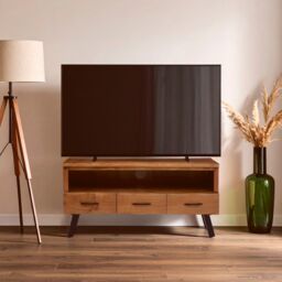 Orsina Three‑Drawer Acacia Media Unit, Natural Acacia Wood TV Cabinet with Open Shelf & Drawers, Industrial Black
