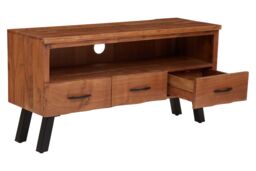 Orsina Three‑Drawer Acacia Media Unit, Natural Acacia Wood TV Cabinet with Open Shelf & Drawers, Industrial Black - thumbnail 4