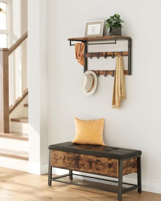 VASAGLE Medium Wall-Mounted Coat Rack Shelf 10 Removable Hooks Clothes Rail in Brown - image 1