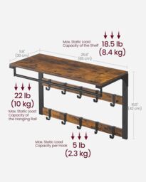 VASAGLE Medium Wall-Mounted Coat Rack Shelf 10 Removable Hooks Clothes Rail in Brown - thumbnail 2