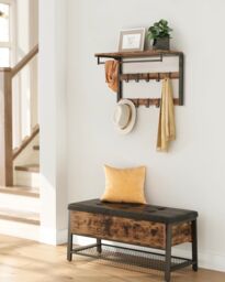 VASAGLE Medium Wall-Mounted Coat Rack Shelf 10 Removable Hooks Clothes Rail in Brown - thumbnail 1