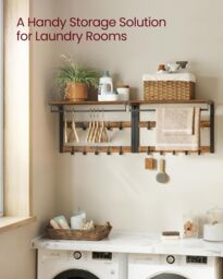 VASAGLE Medium Wall-Mounted Coat Rack Shelf 10 Removable Hooks Clothes Rail in Brown - thumbnail 3
