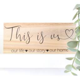 Amaya Rose Ltd This Is Us. Our Life, Story, Home. Solid Wood Plaque Shelf Décor in Beige - thumbnail 1