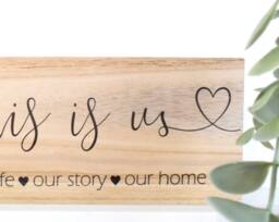 Amaya Rose Ltd This Is Us. Our Life, Story, Home. Solid Wood Plaque Shelf Décor in Beige - thumbnail 2
