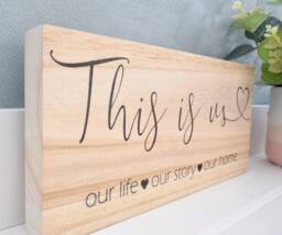 Amaya Rose Ltd This Is Us. Our Life, Story, Home. Solid Wood Plaque Shelf Décor in Beige - thumbnail 5