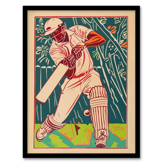 "Artery8 Cricket Player Batsman Shot Bright Portrait Framed Art Print in Beige - Size: W12"" x H16""" - image 1