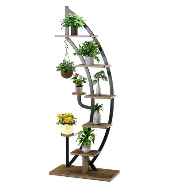 Costway 8-Tier Plant Stand Curved Half Moon Shape Ladder Flowers Shelf with Hook in Natural - image 1