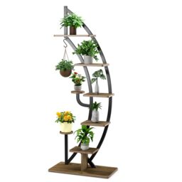 Costway 8-Tier Plant Stand Curved Half Moon Shape Ladder Flowers Shelf with Hook in Natural - thumbnail 1