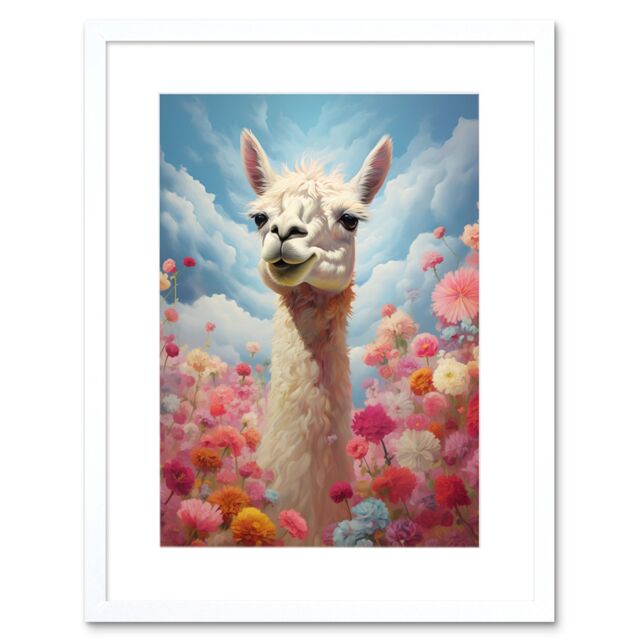 Artery8 Wall Art Print Happy Llama Peeking Head Over Pink Flowers Bright Colourful Artwork Kids Bedroom Dreamy Spring Meadow Artwork Framed 9X7 Inch - image 1