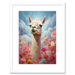 Artery8 Wall Art Print Happy Llama Peeking Head Over Pink Flowers Bright Colourful Artwork Kids Bedroom Dreamy Spring Meadow Artwork Framed 9X7 Inch - thumbnail 1