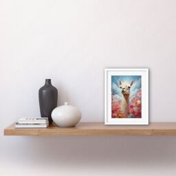 Artery8 Wall Art Print Happy Llama Peeking Head Over Pink Flowers Bright Colourful Artwork Kids Bedroom Dreamy Spring Meadow Artwork Framed 9X7 Inch - thumbnail 2