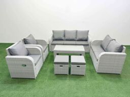Fimous PE Rattan Garden Furniture Set Adjustable Chair Sofa Double Love Seat 2 Seater Sofa Lounge Set Rectangular Coffee Table 2 Stools Light Grey - thumbnail 1