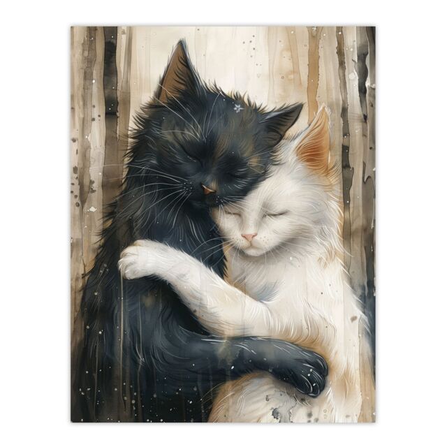 "Artery8 Wall Art Print Black Cat White Cat Lover Hugging Watercolour Poster in Brown - Size: W24"" x H32""" - image 1
