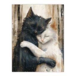 "Artery8 Wall Art Print Black Cat White Cat Lover Hugging Watercolour Poster in Brown - Size: W24"" x H32""" - thumbnail 1