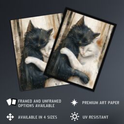 "Artery8 Wall Art Print Black Cat White Cat Lover Hugging Watercolour Poster in Brown - Size: W24"" x H32""" - thumbnail 2