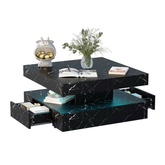 KEEPREAPER Sleek LED Coffee Table with 2 Storage Drawers Marble Finish in Black - image 1