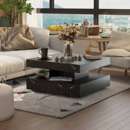 KEEPREAPER Sleek LED Coffee Table with 2 Storage Drawers Marble Finish in Black - thumbnail 7