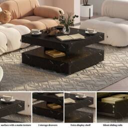 KEEPREAPER Sleek LED Coffee Table with 2 Storage Drawers Marble Finish in Black - thumbnail 5