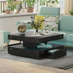 KEEPREAPER Sleek LED Coffee Table with 2 Storage Drawers Marble Finish in Black - thumbnail 6