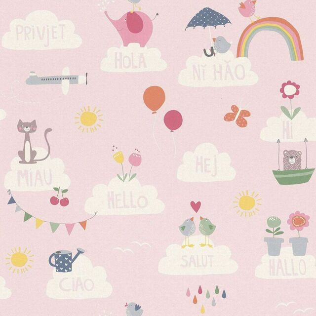 Rasch Hello Clouds Rainbow Birds Cats Butterfly Childrens Wallpaper in Pink - image 1
