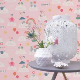 Rasch Hello Clouds Rainbow Birds Cats Butterfly Childrens Wallpaper in Pink - thumbnail 2