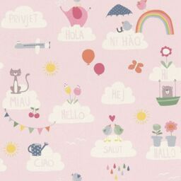 Rasch Hello Clouds Rainbow Birds Cats Butterfly Childrens Wallpaper in Pink - thumbnail 1