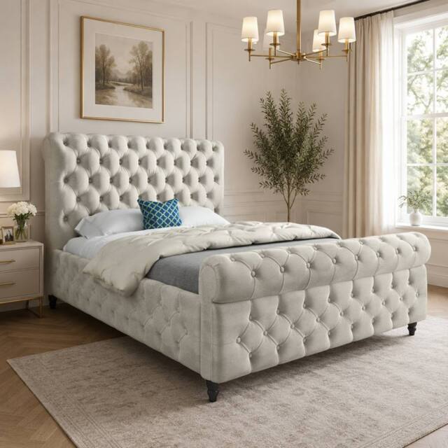 Casani Steeton Sleigh Upholstered Beige Soft Velvet Designer Bed Frame in Cream - Size: Single - image 1