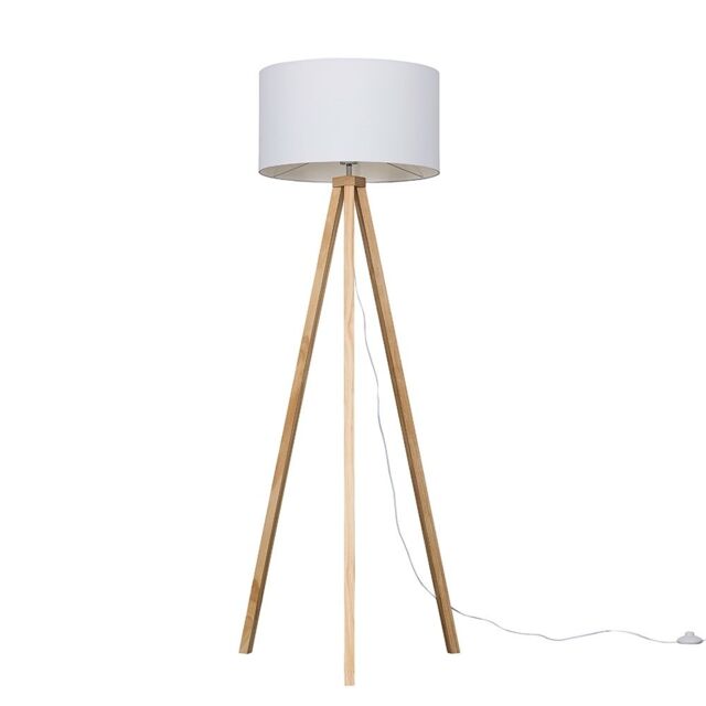 ValueLights Barbro Tripod Light Wood Tripod Floor Light Lamp with White Drum Shade & LED Bulb - image 1