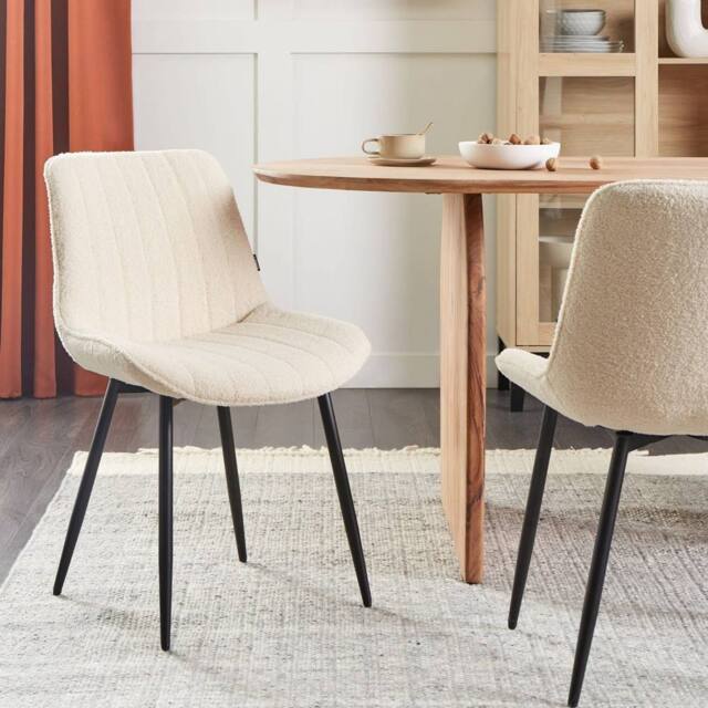 Wyld and Coco Armless Bouclé Dining Chairs 2-Pack Light Beige Black Steel Legs - image 1
