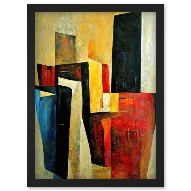 Artery8 Bold Modern Abstract Cubism Acrylic Painting Artwork Framed Wall Art Print A4 in Black - image 1