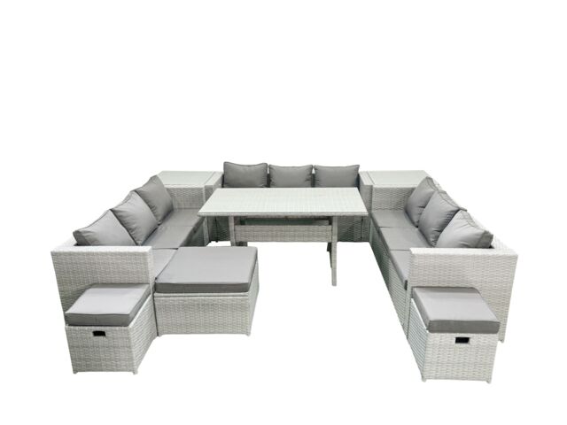 Fimous Rattan Garden Outdoor Furniture Set 12 Seater Garden Sofa Rectangulr Dining Table Set with 3 Footstools 2 Side Tables Light Grey Mixed - image 1
