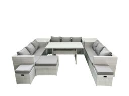 Fimous Rattan Garden Outdoor Furniture Set 12 Seater Garden Sofa Rectangulr Dining Table Set with 3 Footstools 2 Side Tables Light Grey Mixed - thumbnail 1