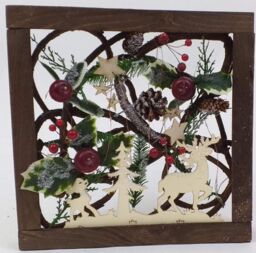 Shatchi Prelit Wooden Square Frame Tabletop Decorations Xmas with Leaves Pine Cones Berries 3D Nordic Scene, 30cm in Brown - thumbnail 2