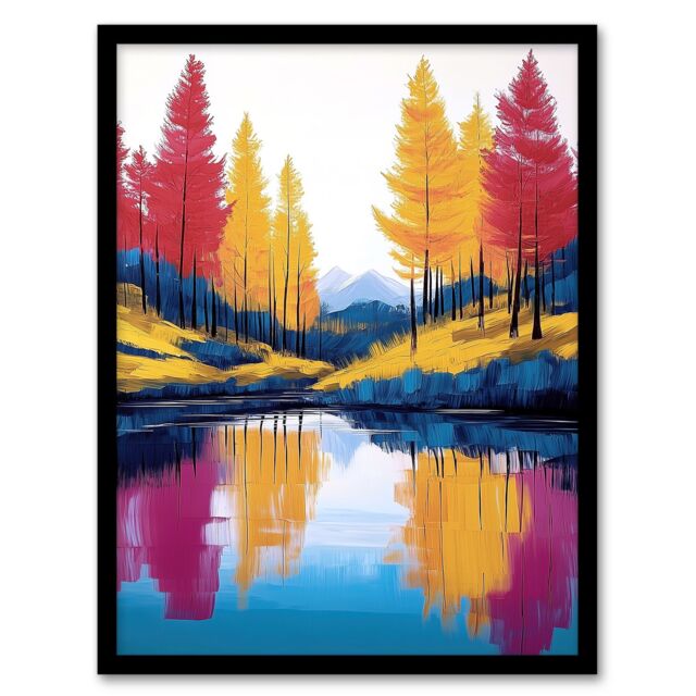 "Artery8 Scottish Highlands Forest Lake Autumn Landscape Framed Art Print in Yellow - Size: W12"" x H16""" - image 1
