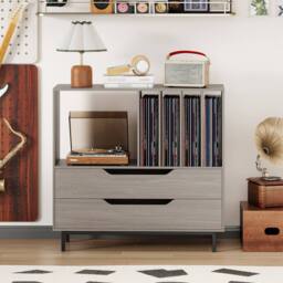 Costway Record Player Stand Mid Century Turntable Stand with Open Compartment in Grey - thumbnail 4