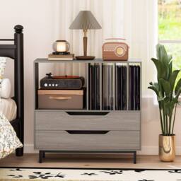 Costway Record Player Stand Mid Century Turntable Stand with Open Compartment in Grey - thumbnail 6