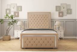 "Sloomy Sofia Chrome Plush Bed Frame With 50"" Upholstered Headboard in Stone - Size: Small Double" - thumbnail 1