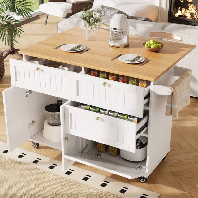 Matteo White Mobile Kitchen Island - Drop Leaf Table, Storage & Casters - image 1