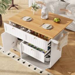 Matteo White Mobile Kitchen Island - Drop Leaf Table, Storage & Casters - thumbnail 5